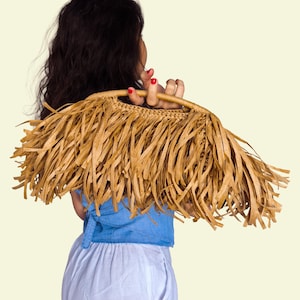 May include: A woven straw handbag with long, fringed edges. The bag is a light brown colour and has a handle. The bag is held by a person wearing a blue top and white trousers. The background is a solid, light yellow colour.