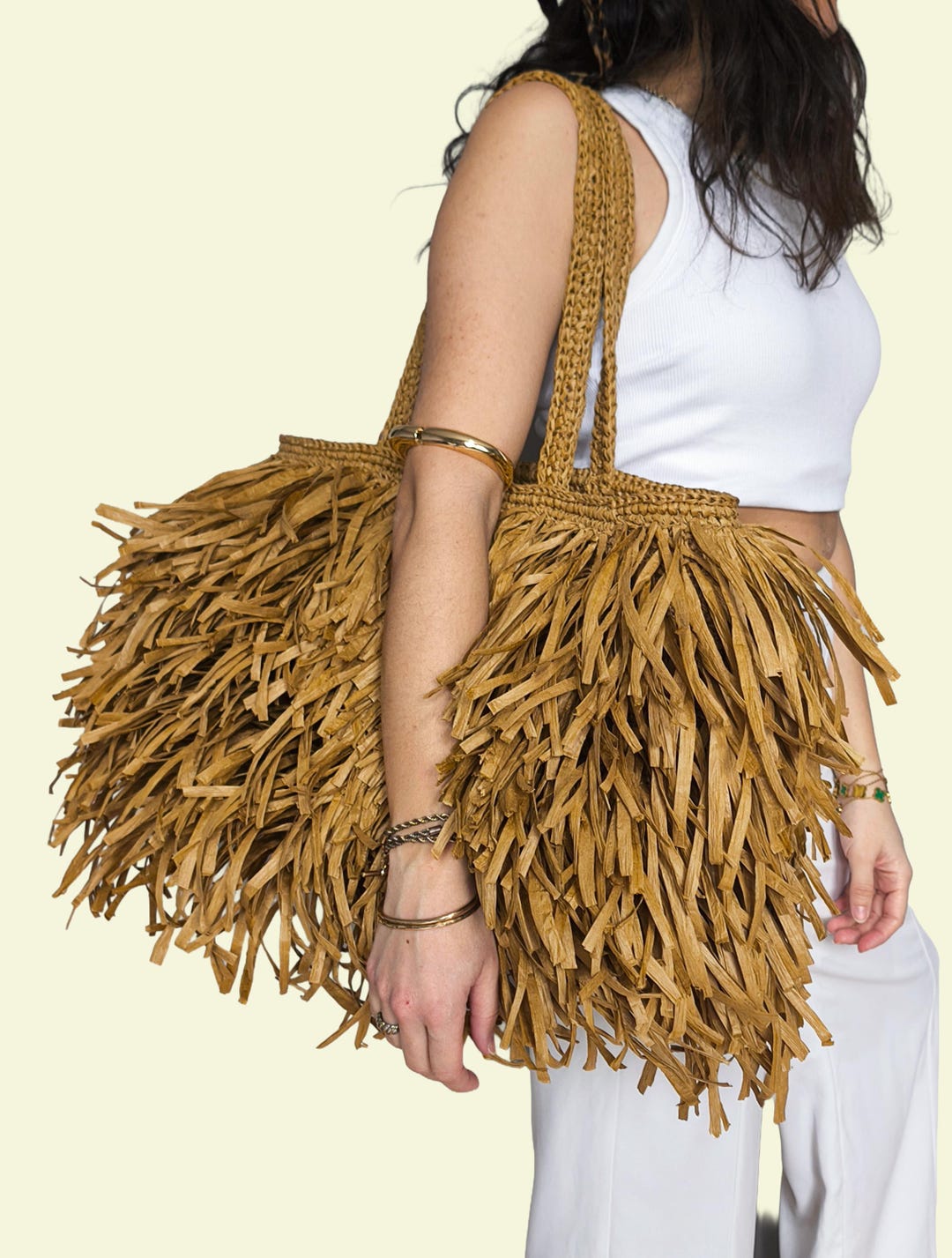 Large Raffia Tote Bag With Fringe, Oversized Woven Summer Beach Bag ...