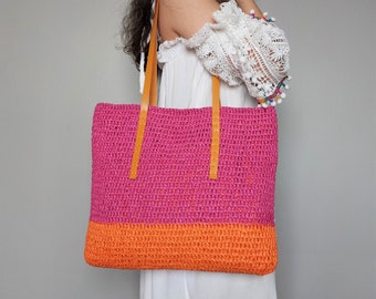 Multicolor Woven Beach Tote Bag, Leather Handles