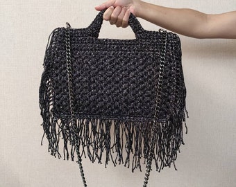 Black Shine Fringe bag Handmade Craft Crochet Shoulder Top Handle Tote Crossbody Hand Diaper Bag, Wedding bag for guests, Evening bag clutch