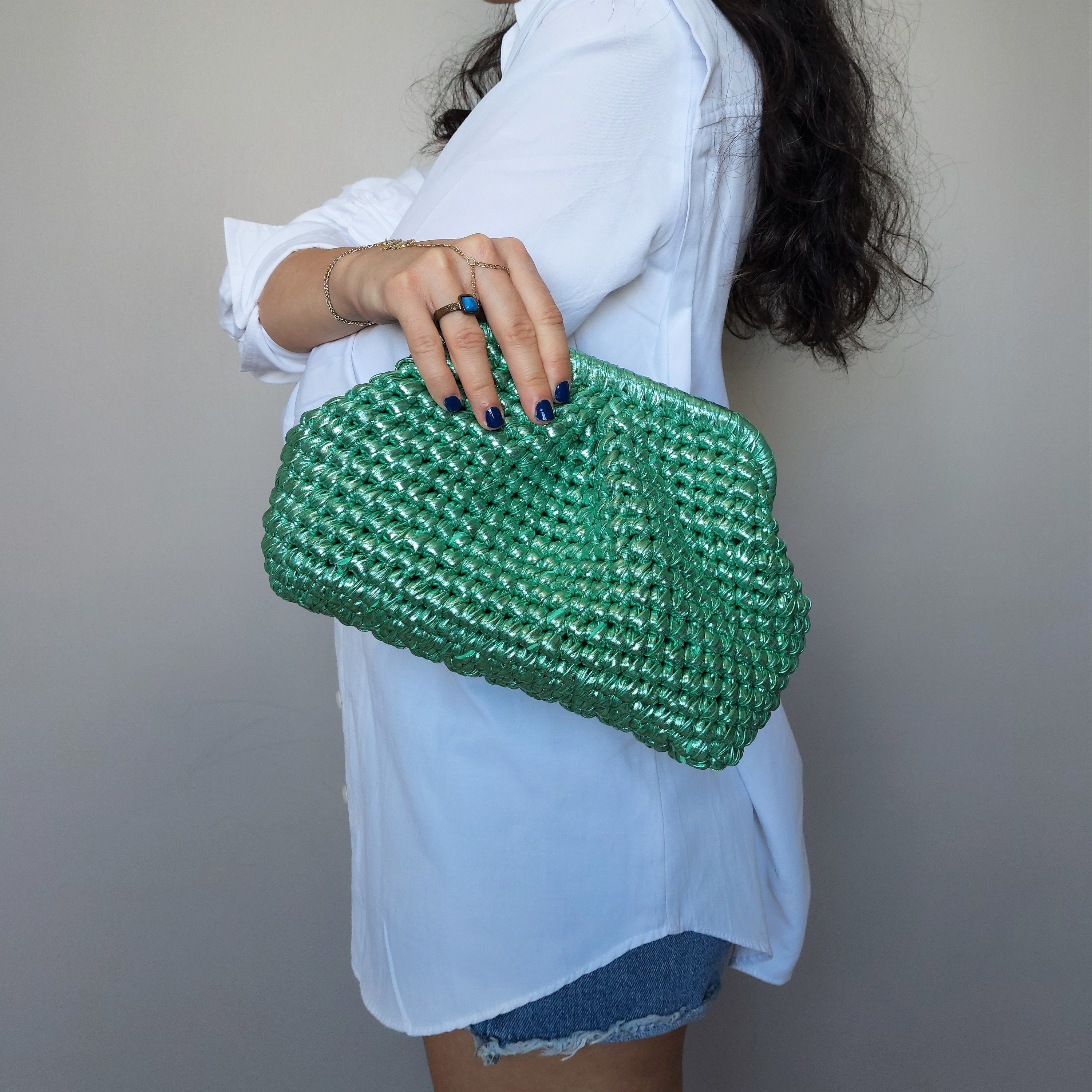 Green Beaded Evening Clutch Bag, Minimal Crystal Girl Bag, Green Bead Party  Bag