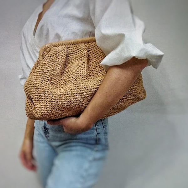 Bolso de paja de verano, bolso de mano moderno de mimbre natural hecho a mano para mujer, bolso de rafia de paja, bolso tejido de ganchillo de rafia