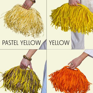 May include: Four fringed handbags in pastel yellow, yellow, multi-yellow tan, and orange. Each bag is held by a person. The bags have a woven base and are covered in long, fringed material. The image text reads "PASTEL YELLOW", "YELLOW", "MULTI YELLOW TAN", and "ORANGE".