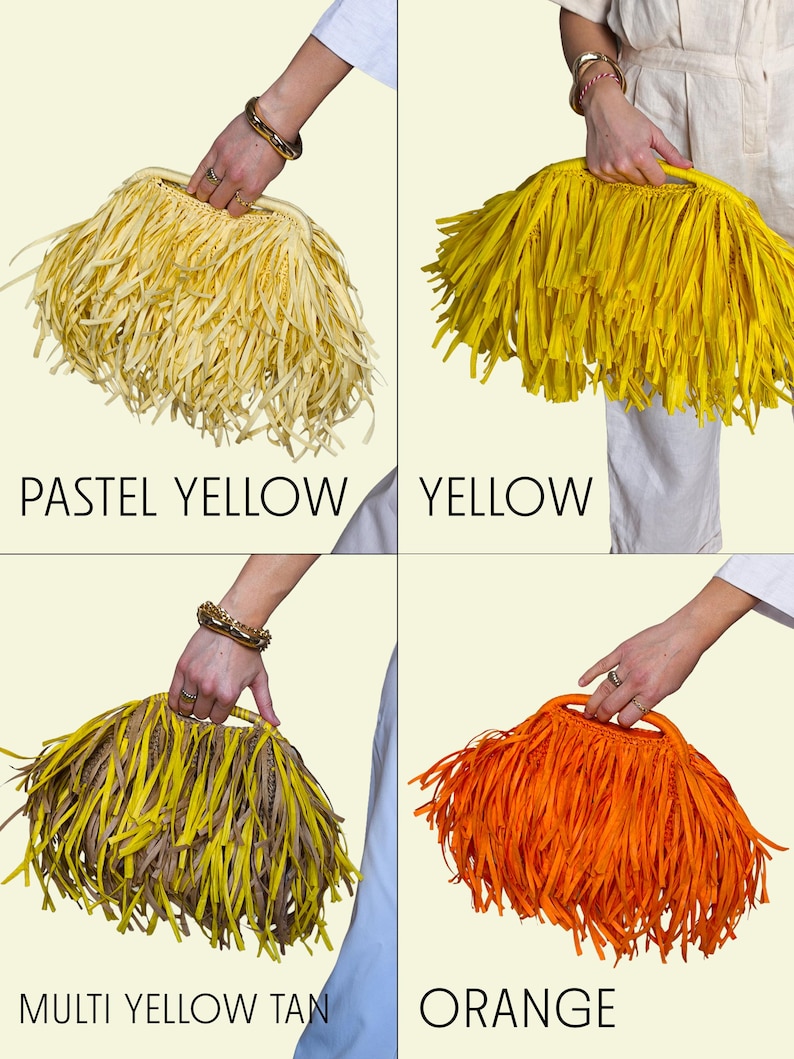 May include: Four fringed handbags in pastel yellow, yellow, multi-yellow tan, and orange. Each bag is held by a person. The bags have a woven base and are covered in long, fringed material. The image text reads "PASTEL YELLOW", "YELLOW", "MULTI YELLOW TAN", and "ORANGE".