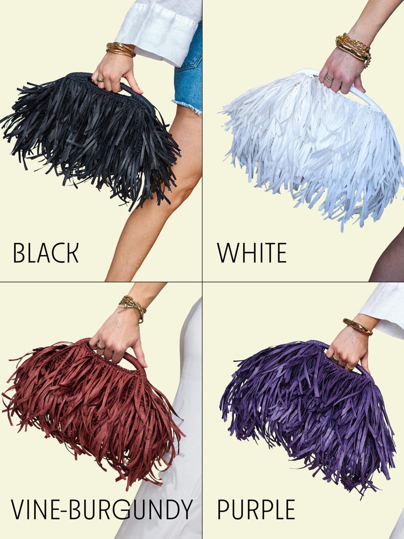 May include: Four fringed handbags in black, white, vine-burgundy, and purple. Each bag has a rectangular shape with a handle and is decorated with long, flowing fringe. The words "BLACK", "WHITE", "VINE-BURGUNDY", and "PURPLE" are displayed below each bag.