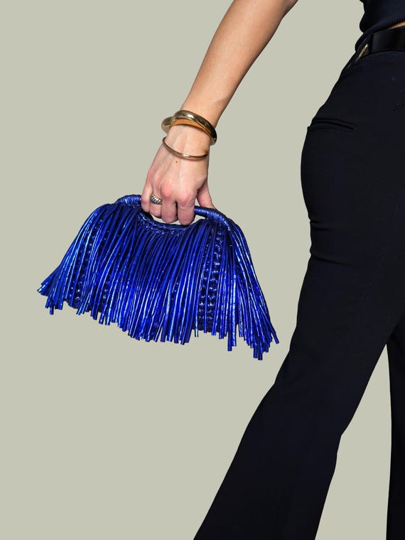 Blue Fringe Top Handle Bag, Metallic Evening Clutch, Convertible Bag, Shiny Ribbon Yarn Purse for Wedding Guest, Luxury Wedding Bag