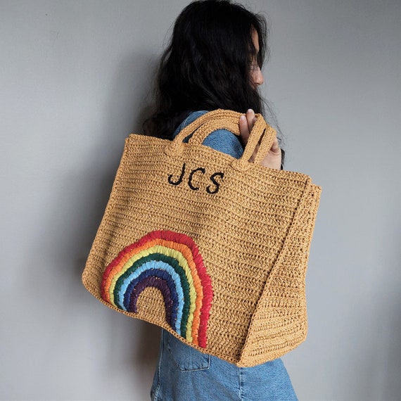 Rainbow Embroidered Raffia Tote Bag Rainbow Tote Bag and Purse Personalized Beach Tote Bag Embroidered Summer Beach Bag Pride Bag Etsy UK