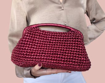 Burgundy Metallic Crochet Clutch, Handmade Evening Bag
