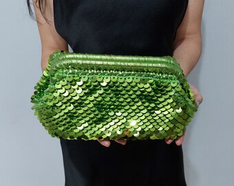 Green Sequin Clutch Bag, Olive Green Sequinned Wedding Guest Bag, Lime Green Sequin Evening Bag for Woman