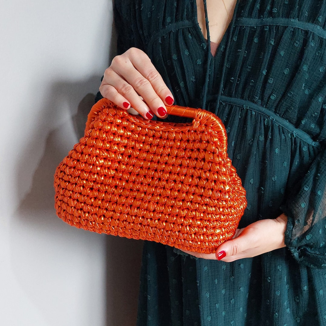Orange Metallic Crochet Clutch Bag, Handmade Wedding Evening Purse