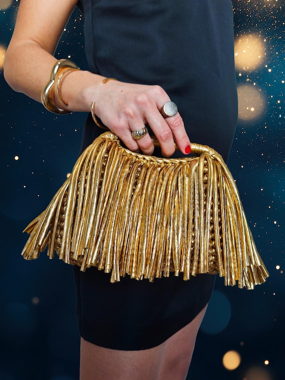 gold dress bag Fringe Top Handle Bag, Metallic Evening Clutch, Convertible Bag, Shiny Ribbon Yarn Purse for Wedding Guest, Luxury Wedding shoes:Penny