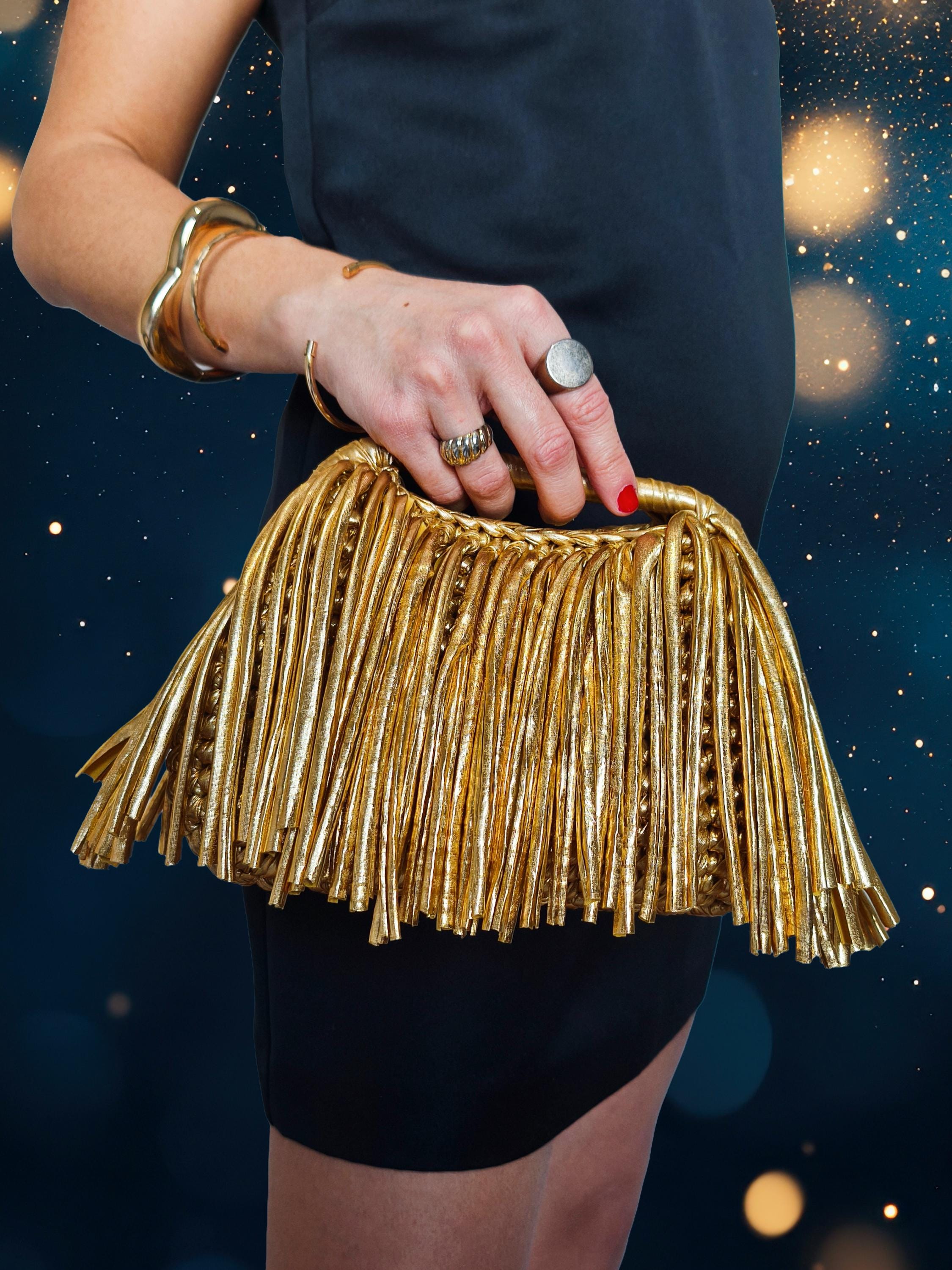 Gold Fringe Top Handle Bag, Metallic Evening Clutch, Convertible