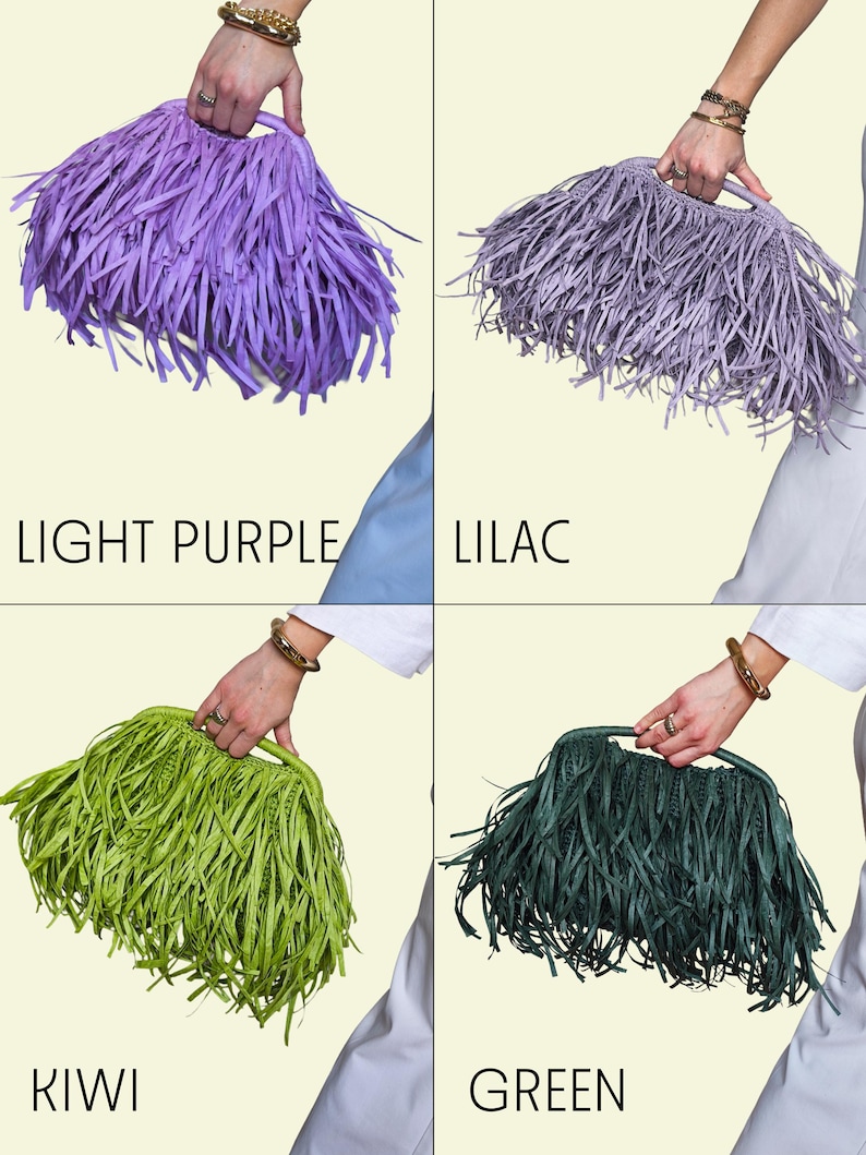 May include: Four fringed handbags in light purple, lilac, kiwi, and green. The bags are displayed, each held by a person. The text labels each bag's colour. The bags have a unique fringed design.
