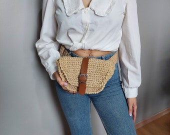 NATURAL Straw Fanny Pack with Leather Strap For Woman