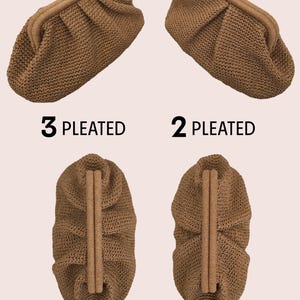 May include: Two beige crocheted handbags, one is a clutch and the other is a larger tote. Both bags have a similar textured design. The image shows two versions of the bag, one with 2 piles and the other with 3 piles. The text '2 PILES' and '3 PILES' is visible in the image.