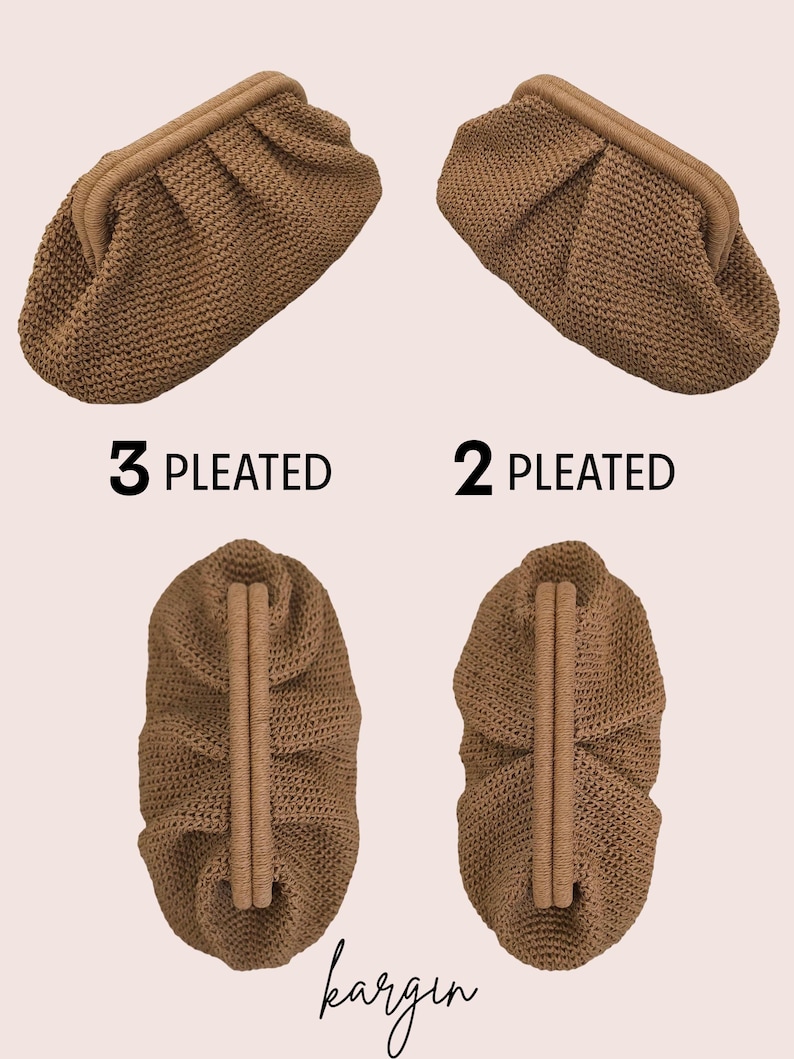 May include: Two beige crocheted handbags, one is a clutch and the other is a larger tote. Both bags have a similar textured design. The image shows two versions of the bag, one with 2 piles and the other with 3 piles. The text '2 PILES' and '3 PILES' is visible in the image.