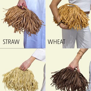 May include: Four fringed handbags in straw, wheat, ivory, and brown. Each bag has a rounded handle. The bags are made from a straw-like material. The words "STRAW", "WHEAT", "IVORY", and "BROWN" are printed below each bag.