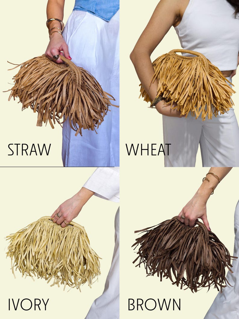 May include: Four fringed handbags in straw, wheat, ivory, and brown. Each bag has a rounded handle. The bags are made from a straw-like material. The words "STRAW", "WHEAT", "IVORY", and "BROWN" are printed below each bag.