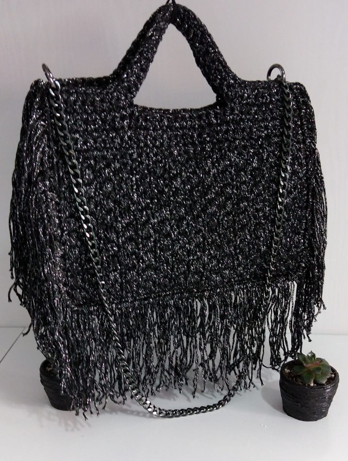 Black Shine Fringe Bag Handmade Craft Crochet Shoulder Top - Etsy New ...