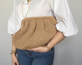 Raffia Crochet Clutch Bag, Straw Handbag for Women, Handmade Evening Purse