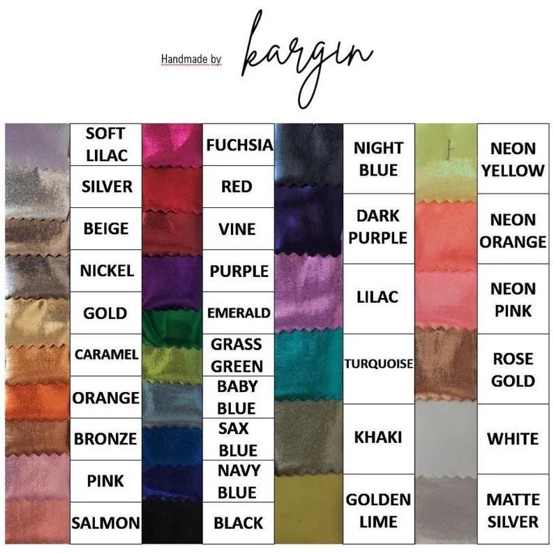 May include: Color swatches arranged in a grid, showcasing a variety of velvet fabric shades. Colors include Soft Lilac, Fuchsia, Night Blue, and Neon Yellow. The word "kargin" is written in cursive.