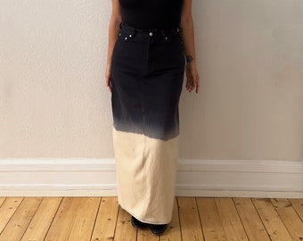 Denim Maxi Skirt 22, Upcycled, Black and Beige - Size M