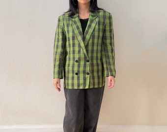 Vintage Linen Blazer - Gray and Green Plaid, size M