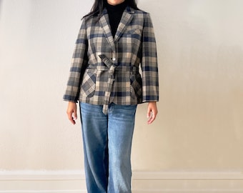 Vintage Plaid Wool Blazer with Belt - Cewo