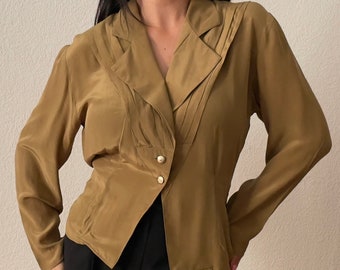 Vintage Tan Silk Blouse - Pleated - Golden buttons