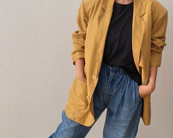 Vintage Silk Blazer - Mustard Yellow - XL - men’s blazer- Oversized