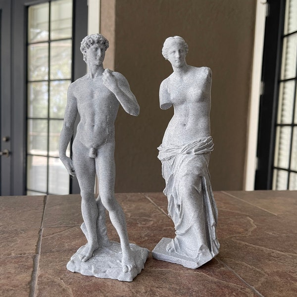 Venus de Milo & Statue of David Statue/Sculpture, 3D Printed with PLA in White or Marble/Gray, 5 Inches Tall or 8 Inches Tall