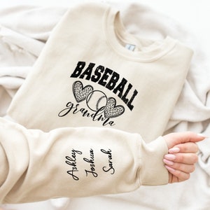 Custom Baseball Grandma Sweatshirt with Name on Sleeve, Personalized Grammy Sweater, Game Day Shirt, Crewneck or Hoodie, Mothers Day Gift