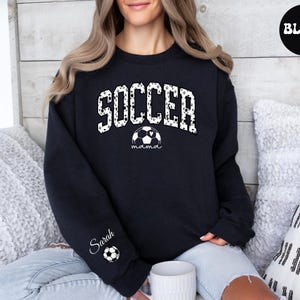 Custom Soccer Mom Sweatshirt with Kid Name on Sleeve, Personalized Soccer Mama Sweater, Customized Soccer Mom Hoodie, Gift for Soccer Mom