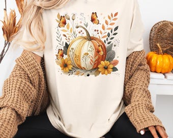 Camisa bohemia de otoño con flores de calabaza, sudadera bohemia cottagecore, camiseta bohemia de calabaza con flores, suéter de temporada de calabaza, temporada floral acogedora, ambiente otoñal
