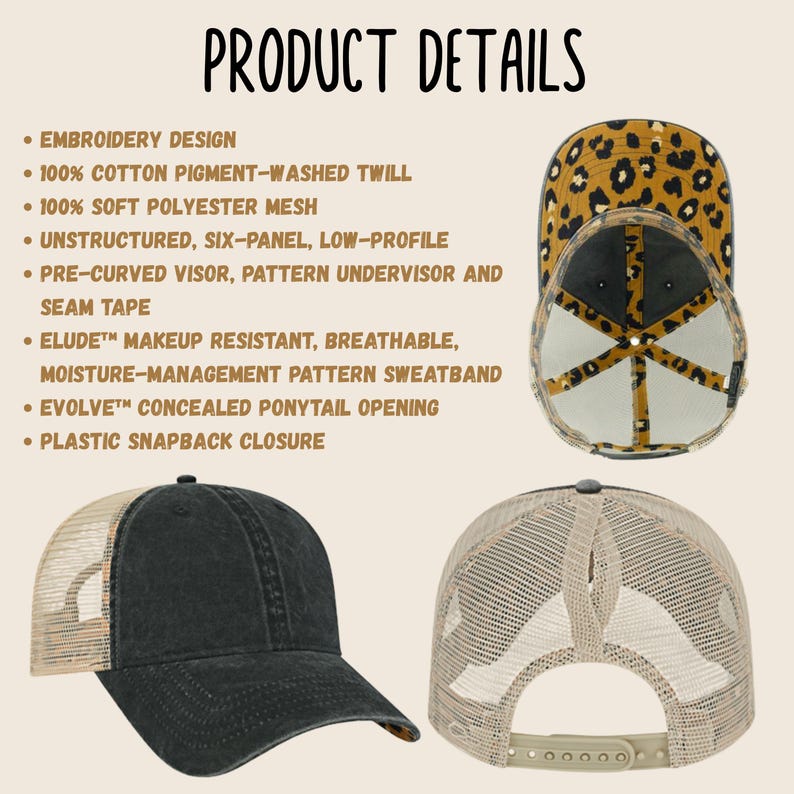 Op de afbeelding: Zwarte en bruine truckerpet met een mesh achterkant en een voorgebogen klep. De pet heeft een luipaardprint onder de klep en een plastic snapback sluiting. Productdetails omvatten borduursel en een zweetband.