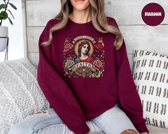 Marian Catholic Sweatshirt, Blessed Virgin Mary Sweater, Floral Women Religious Shirts, Mother's Day Gift, Catholic Gift, Religious Gift