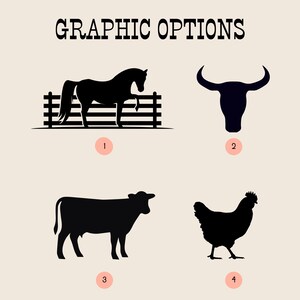 Op de afbeelding: Een beige achtergrond met bovenaan de tekst "GRAPHIC OPTIONS". Daaronder vier zwarte silhouet-afbeeldingen: een paard achter een hek, een stierenkop, een koe en een kip. Elke afbeelding heeft een bijbehorend nummer.