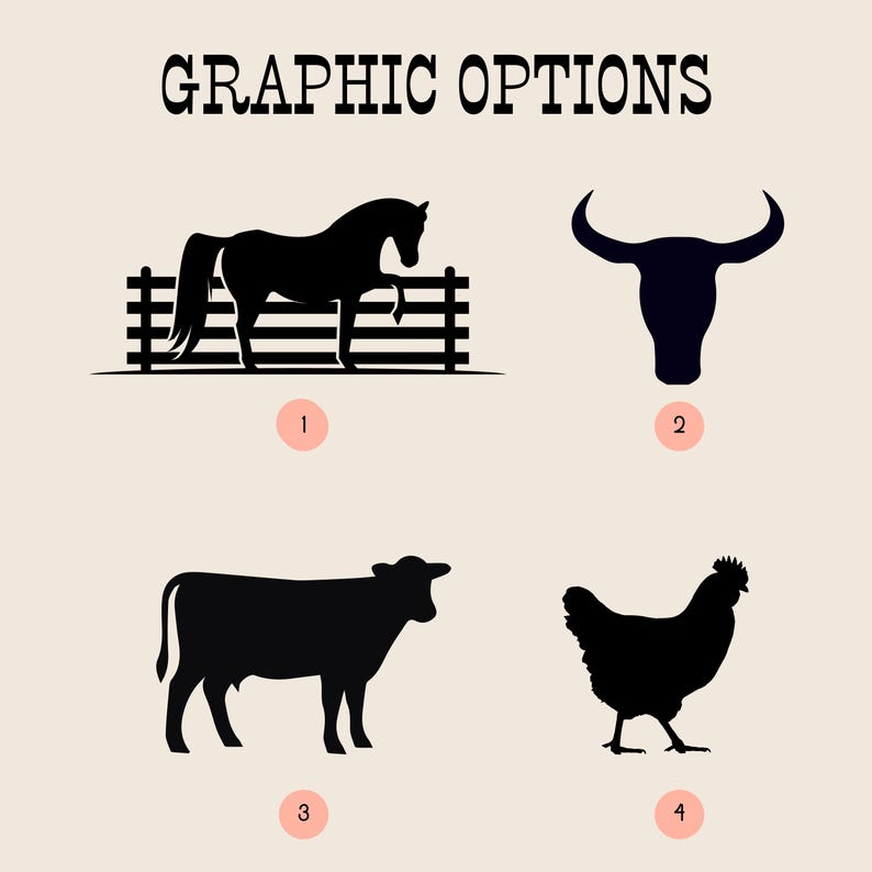Op de afbeelding: Een beige achtergrond met bovenaan de tekst "GRAPHIC OPTIONS". Daaronder vier zwarte silhouet-afbeeldingen: een paard achter een hek, een stierenkop, een koe en een kip. Elke afbeelding heeft een bijbehorend nummer.