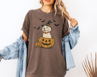 Camiseta Goldendoodle de Halloween Comfort Colors®, suéter de calabaza Goldendoodle, camisetas espeluznantes Goldendoodle, camiseta de Halloween para perro, regalo para amantes de los perros