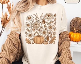 Camisa floral bohemia de otoño con colores cómodos, sudadera bohemia estilo cottagecore, camisetas con flores botánicas, suéter de temporada de calabazas, regalo para amantes de las flores