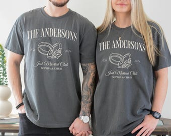 Custom Just Married-shirt comfortabele kleuren, gepersonaliseerde shirts voor pasgetrouwden, T-shirt huwelijksverjaardag, heren- en mevrouw-shirts, naam huwelijksreis-T-shirt