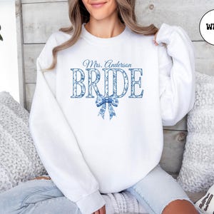 Custom Floral Bride Sweatshirt, Personalized Engagement Bridal Gift Sweater, Toile De Jouy Crewneck, Coquette Bachelorette, Luxury Merch
