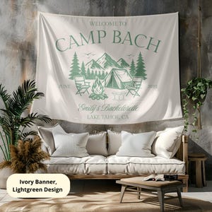 Benutzerdefinierte Camp Bachelorette Wandteppich, personalisierte Camping Bach Flagge, Camp Bach-Dekor, Lager Bachelorette Party Dekor, Hütte Bachelorette Banner