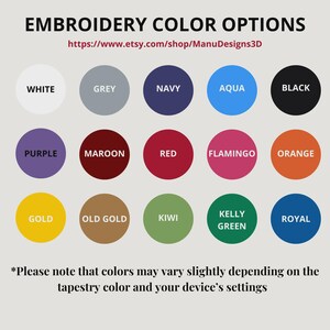 Op de afbeelding: Afbeelding met borduurkleuropties, waaronder wit, grijs, marineblauw, aqua en zwart. Andere kleuren zijn paars, kastanjebruin, rood, roze, oranje, goud, oud goud, kiwi, kelly groen en koningsblauw. De tekst luidt "BORDUURKLEUROPTIES".