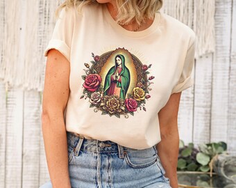 Camiseta de Nuestra Señora de Guadalupe, camiseta de la Santísima Virgen María, camiseta de cuello redondo de la Virgen de Guadalupe, regalo del Día de la Madre, regalo católico, regalo religioso