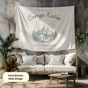 Benutzerdefinierte Camp Bachelorette Banner, personalisierte Camping Bachelorette Banner, Camp Bach-Dekor, Lager Junggesellenparty, Cabin Bach Wandteppich