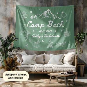 Benutzerdefinierte Camping Bachelorette Reise Banner, personalisierte Camp Bach Flagge, Camp Bach Dekor, Lager Junggesellenparty, Hütte Junggesellinnenabschied Wandteppich