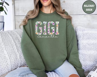 Benutzerdefinierte Blumen Gigi Sweatshirt, personalisierte Blumen Gigi Pullover, Gigi Rundhalsausschnitt, Gif für Nana, Geschenk für neues Gigi, Gigi Geburtstagsgeschenk,