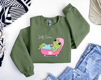 Funny Frog Sweatshirt, Cute Frog Sweater, Retro Frog Hoodie, Self Care Sweatshirt, Frog Lover Gift, Frog Crewneck, Cottagecore Shirt