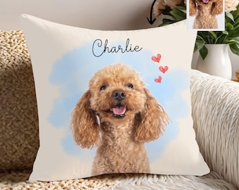 May include: A decorative throw pillow featuring a portrait of a brown poodle with the name "Charlie" in cursive script. The dog is set against a light blue watercolor background with three red heart accents. A smaller image of the dog is in the upper right corner.
